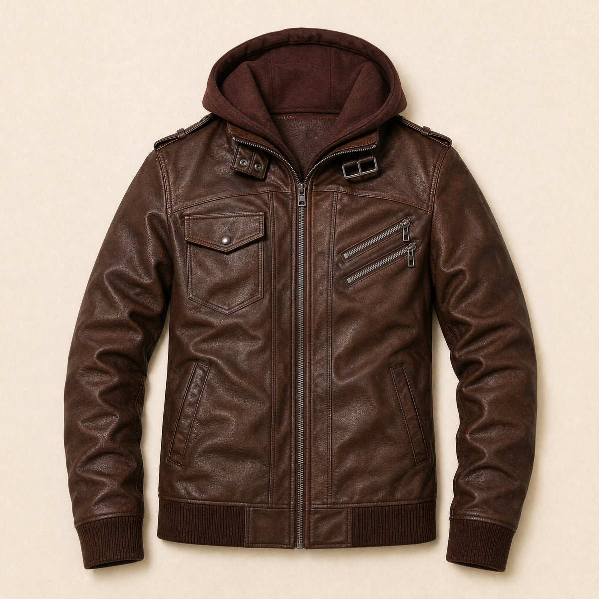 Quarry Hooded Faux-Leather Moto Jacket in Dark Brown