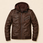 Quarry Hooded Faux-Leather Moto Jacket in Dark Brown