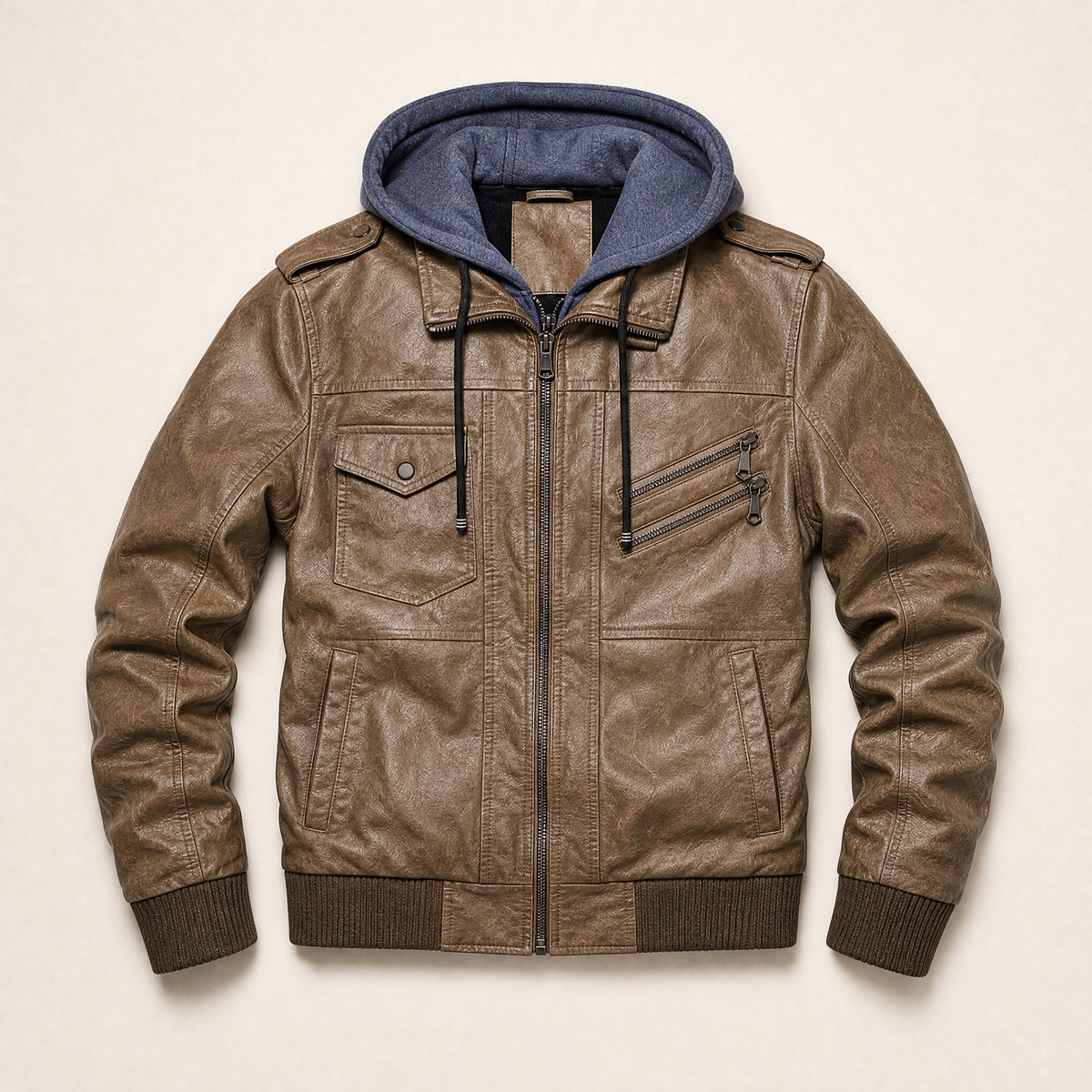 Ridgeway Leather Hooded Bomber Jacket in Khaki