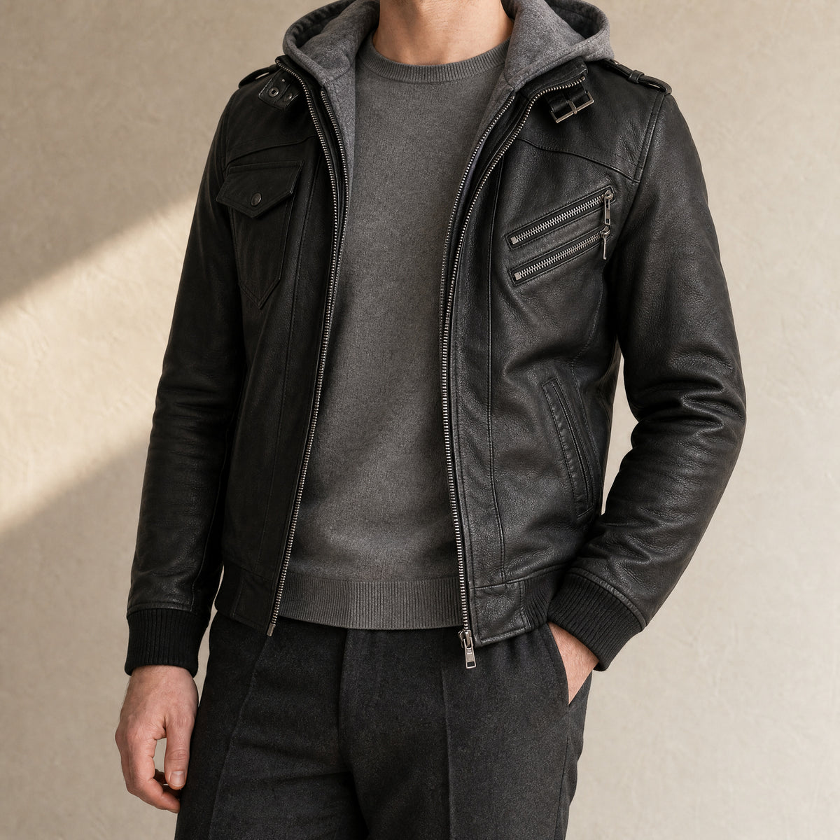 Rill Hooded Faux-Leather Moto Jacket in Black