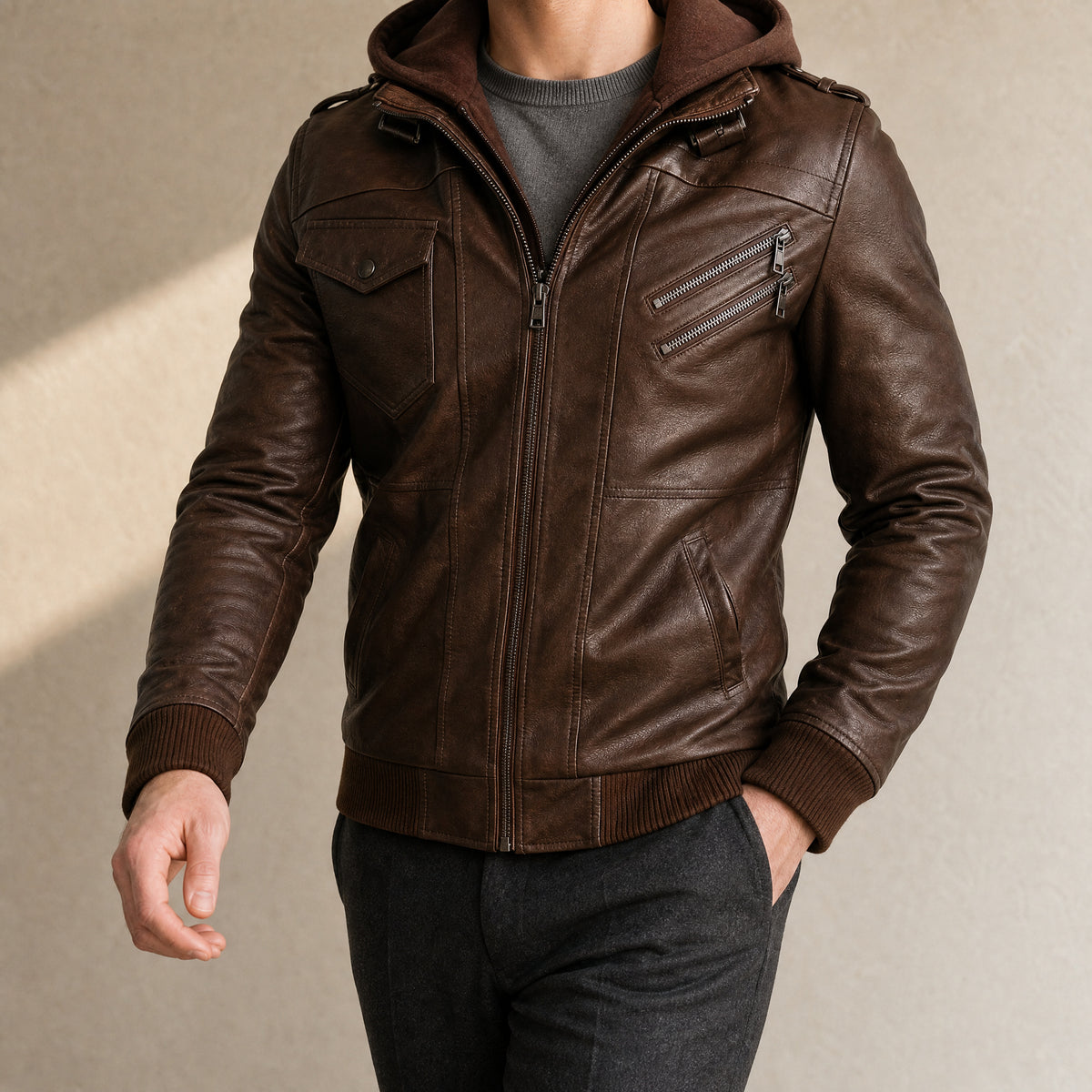 Rill Hooded Faux-Leather Moto Jacket in Dark Brown