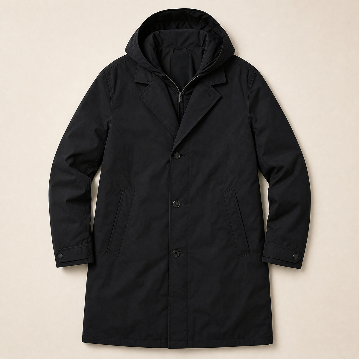 Ripple Lapel Hooded Parka in Black