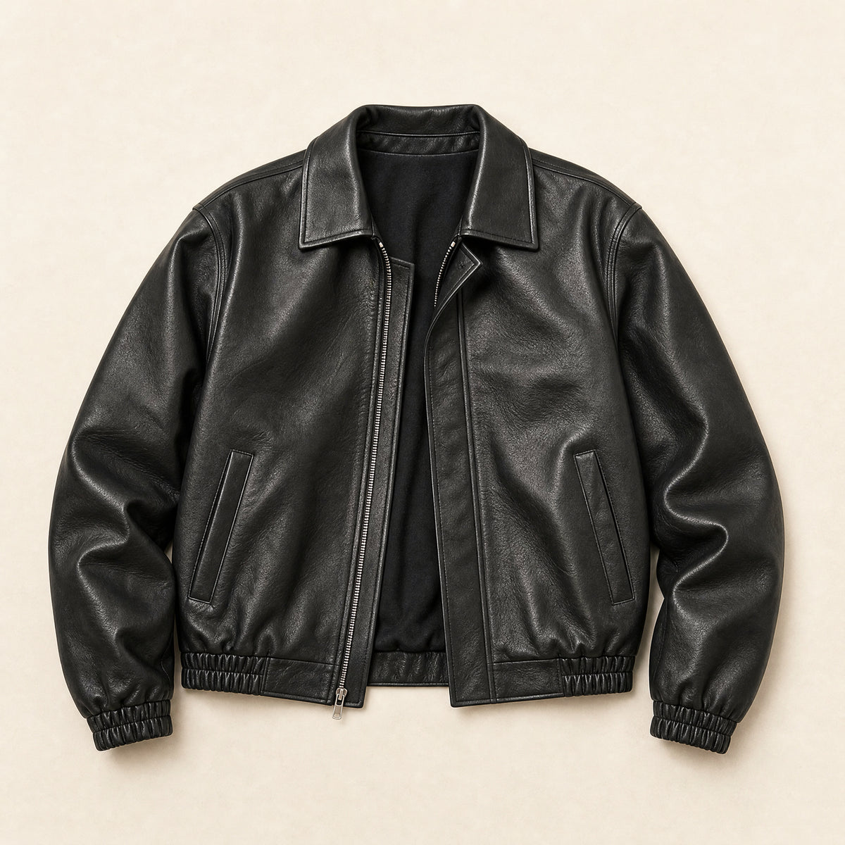 Roller Leather Bomber Jacket in Black