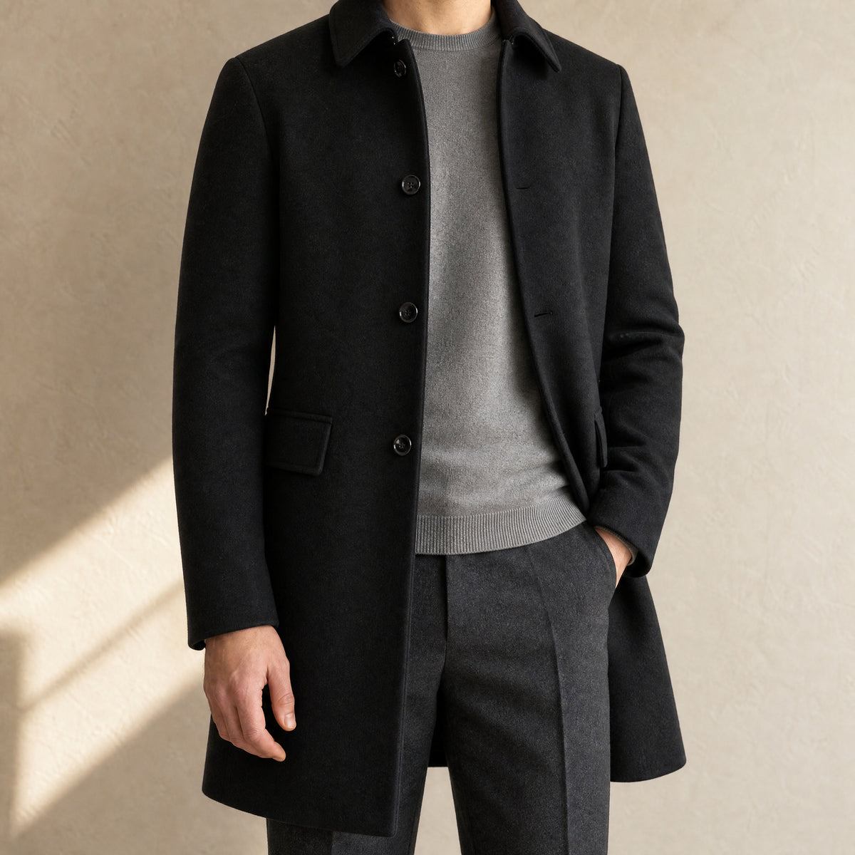 Sandstone Wool-Blend Overcoat in Black