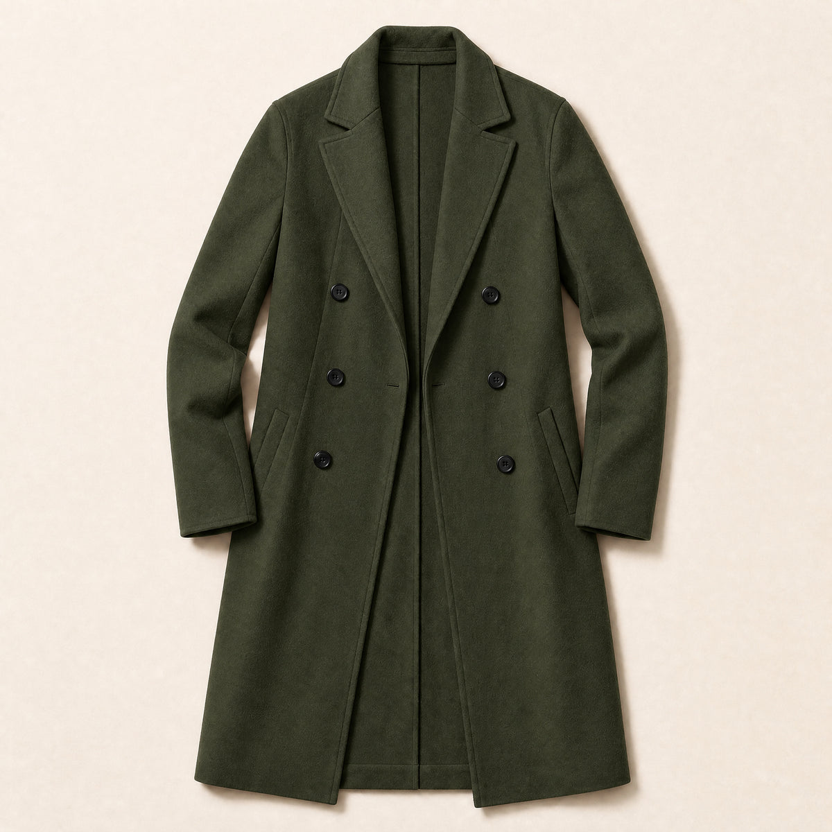 Sapling Long Double-Breasted Overcoat in Army Green