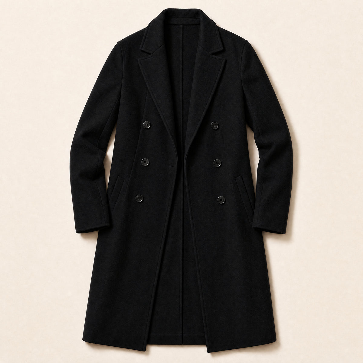 Sapling Long Double-Breasted Overcoat in Black