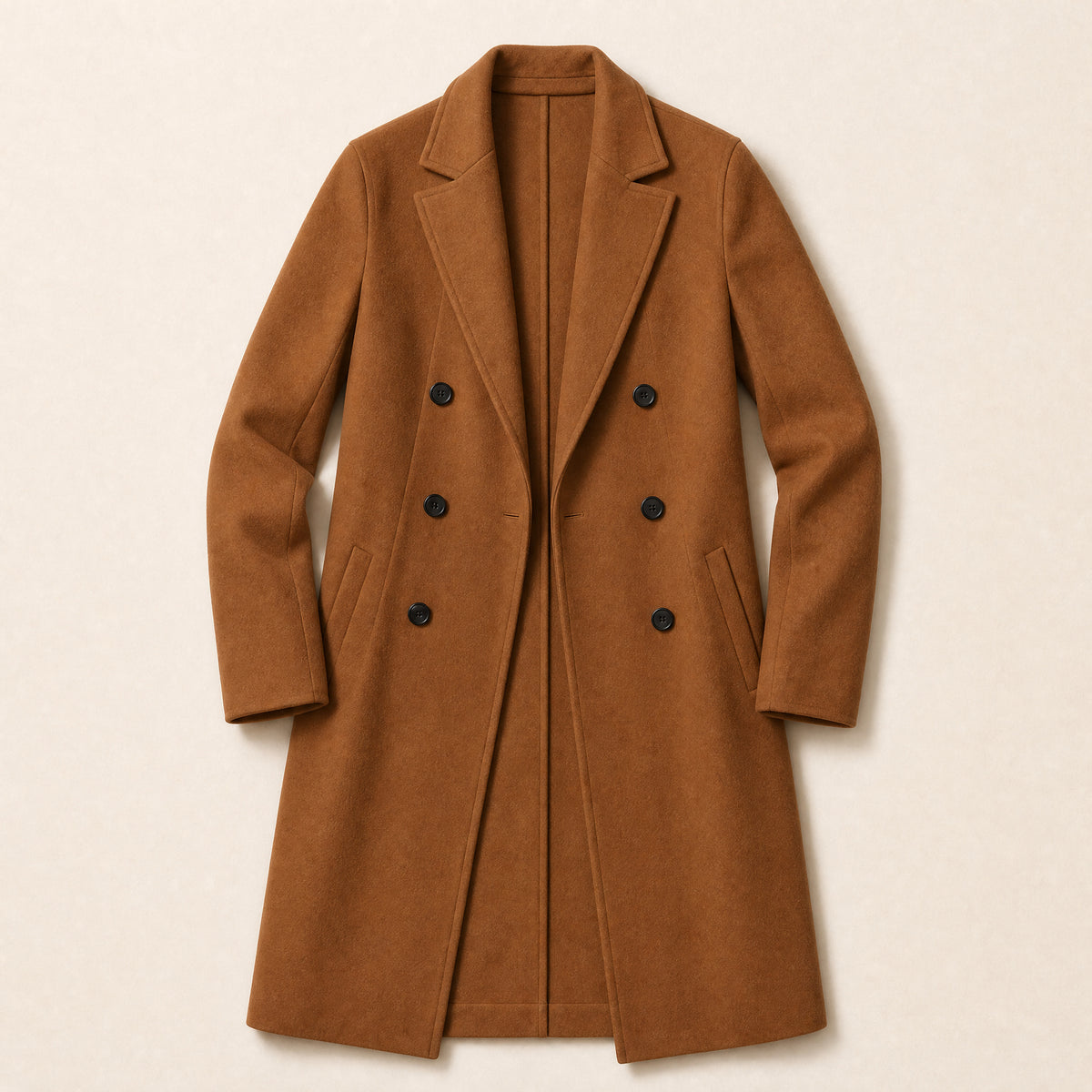 Sapling Long Double-Breasted Overcoat in Caramel