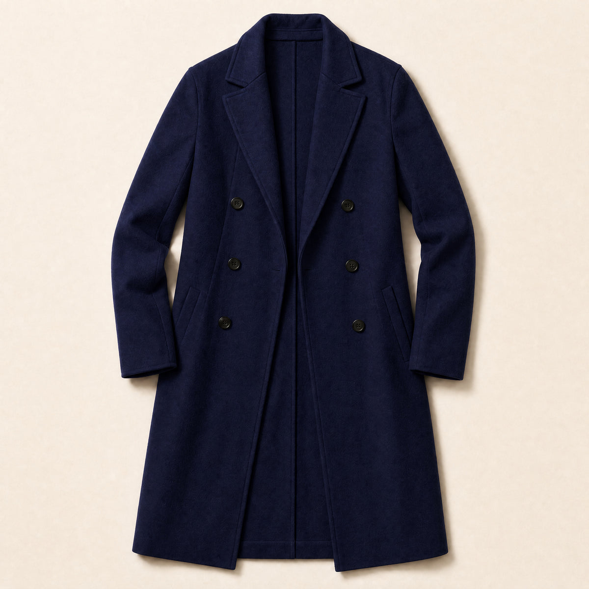 Sapling Long Double-Breasted Overcoat in Navy Blue
