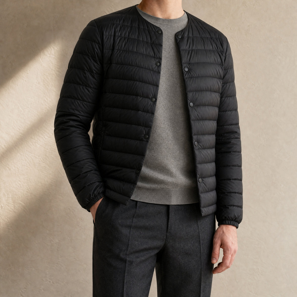 Schist Collarless Down Jacket in Black