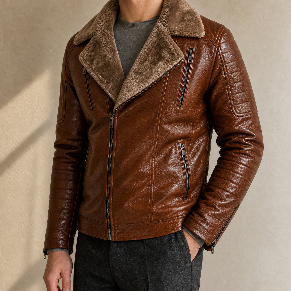 Shaft Leather Shearling Jacket in Brown