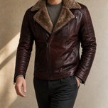 Shaft Leather Shearling Jacket in Burgundy