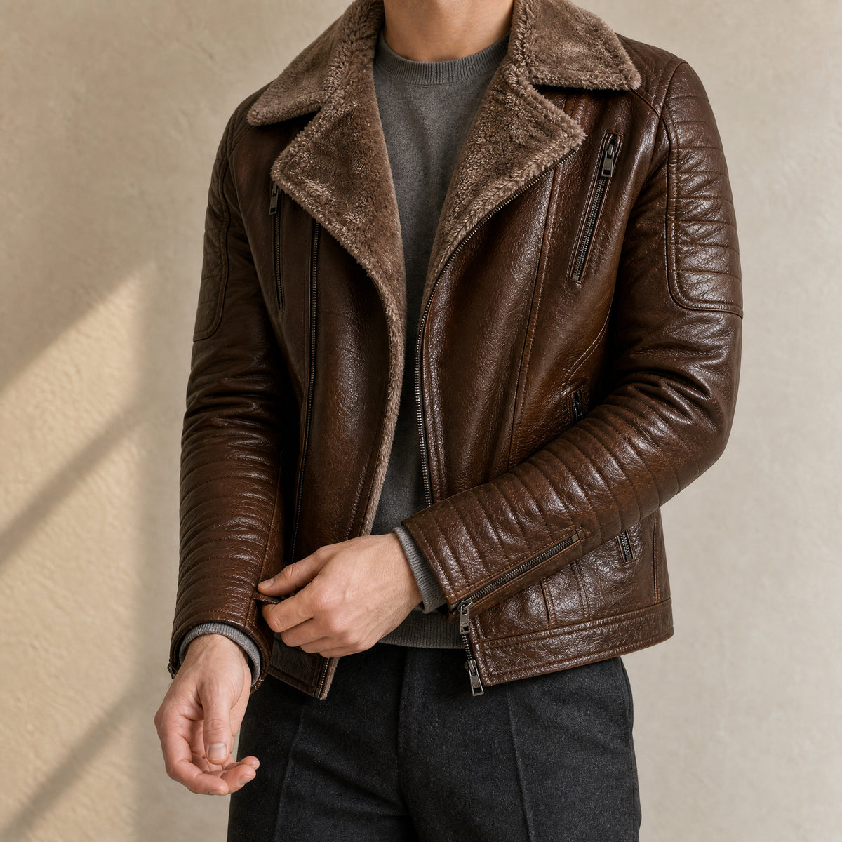 Shaft Leather Shearling Jacket in Coffee