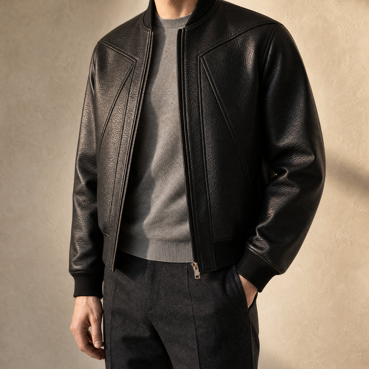 Sleet Leather Flight Bomber Jacket in Black