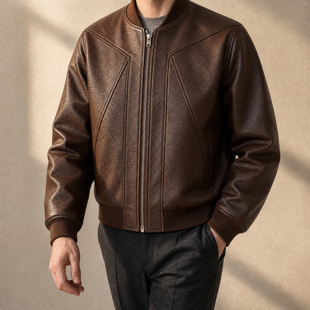 Sleet Leather Flight Bomber Jacket in Brown