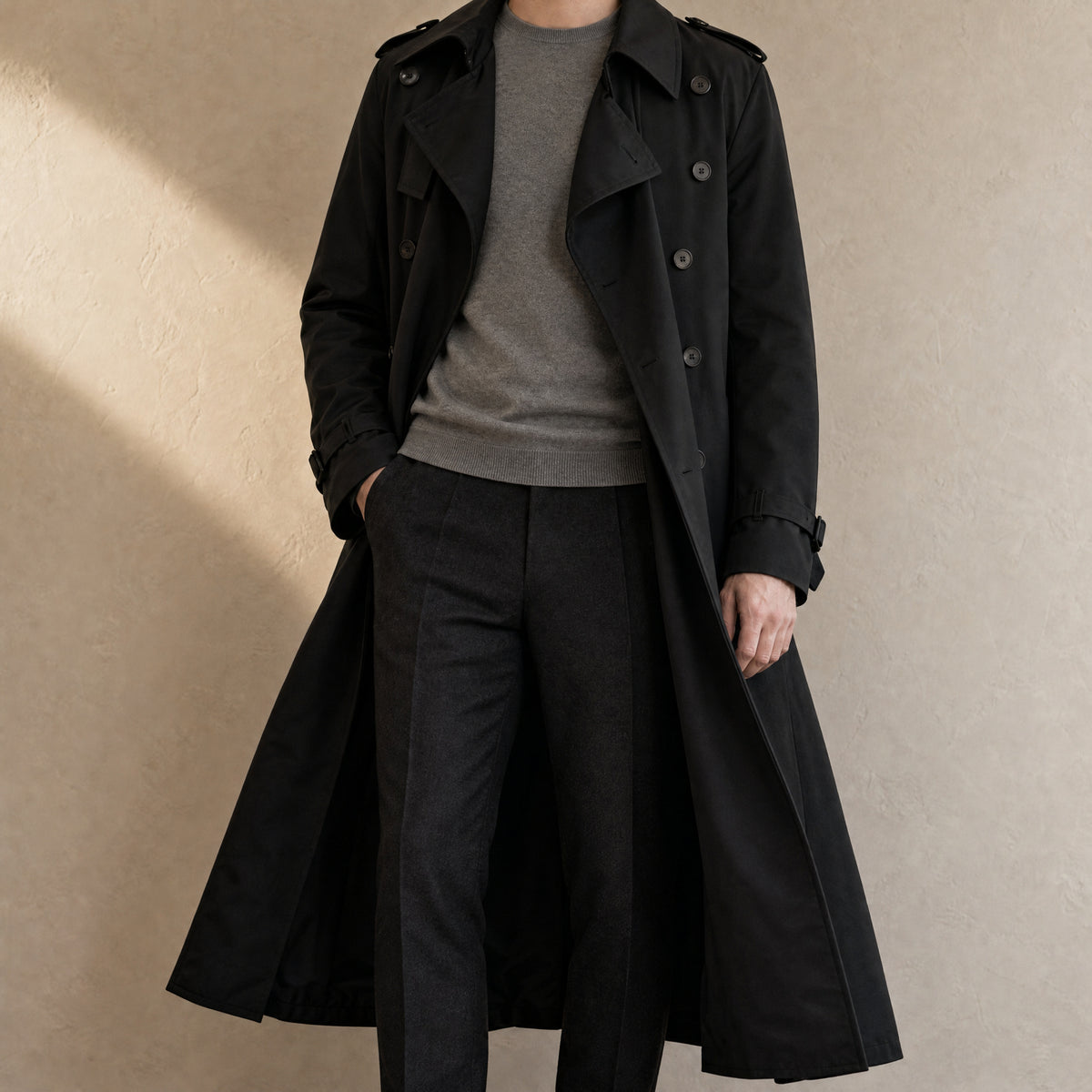 Snowcap Long Trench Coat in Black