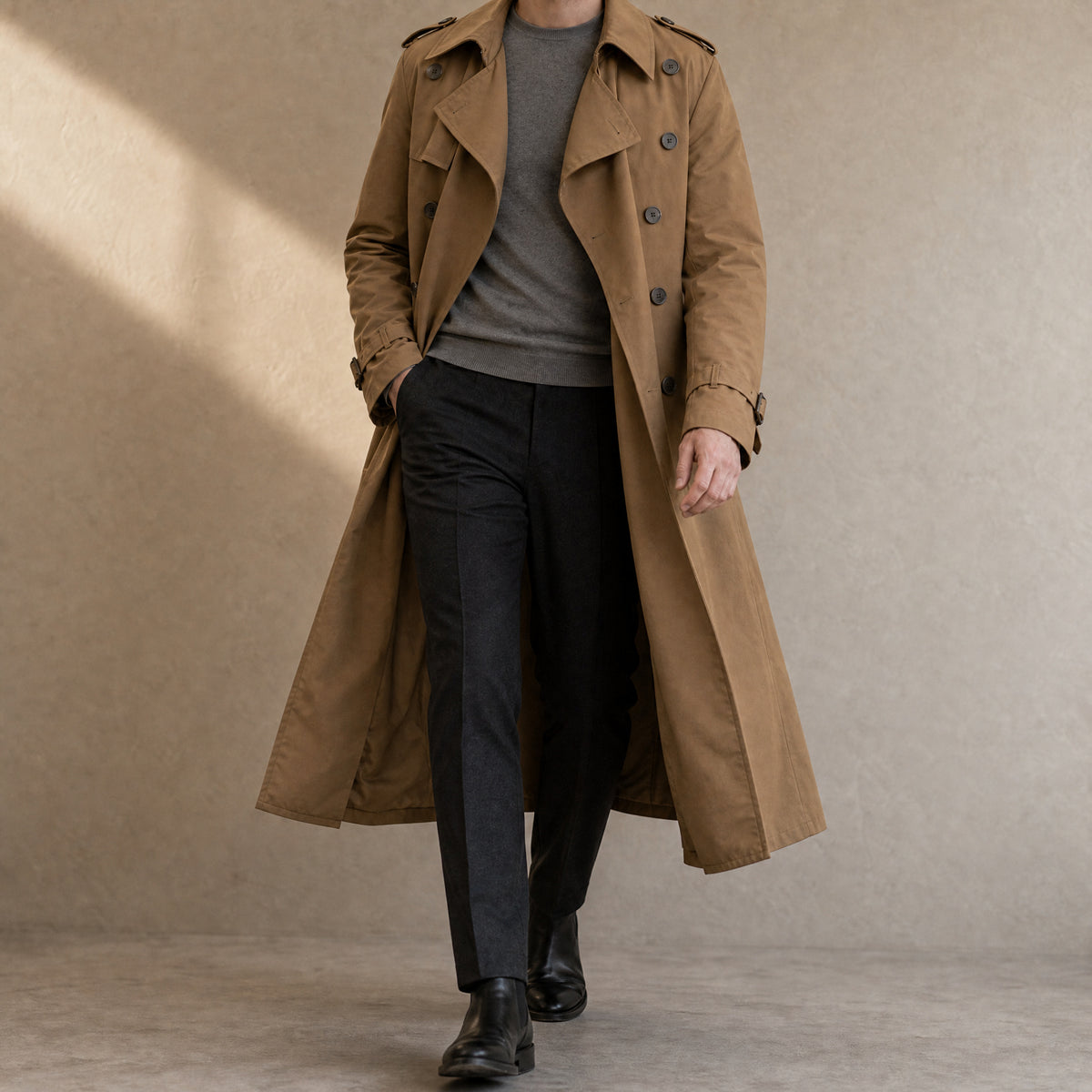 Snowcap Long Trench Coat in Khaki