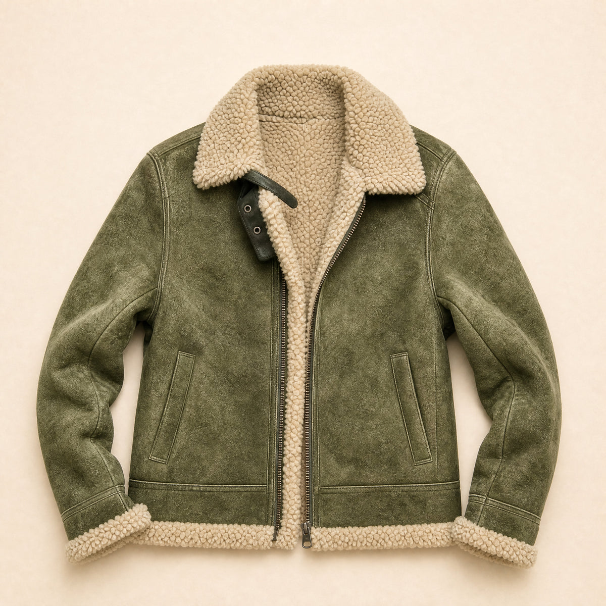 Spray Suede Shearling Jacket in Olive Green