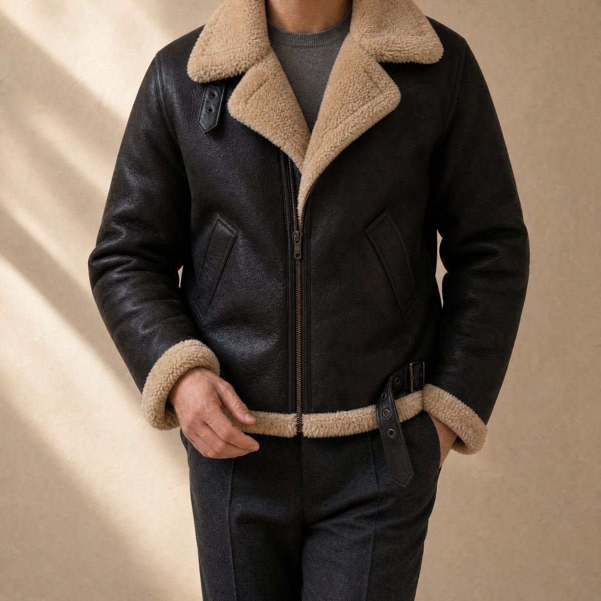 Spruce Faux-Shearling Aviator Jacket in Black
