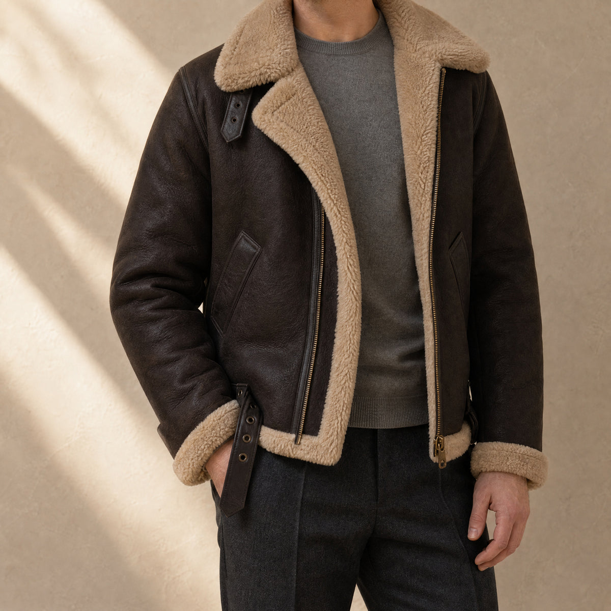 Spruce Faux-Shearling Aviator Jacket in Brown