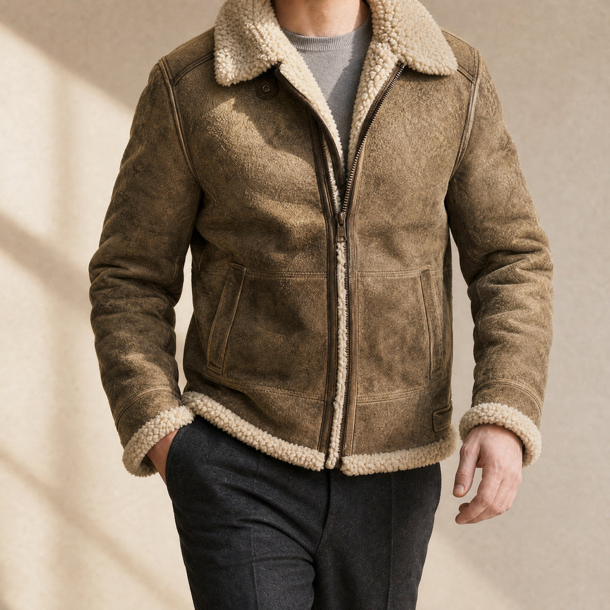 Spume Suede Shearling Jacket in Camel