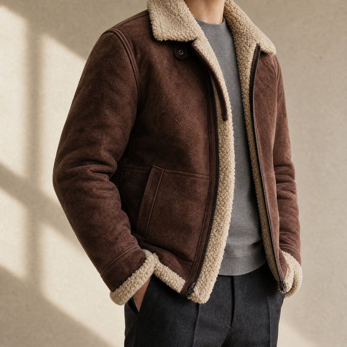 Spume Suede Shearling Jacket in Dark Red