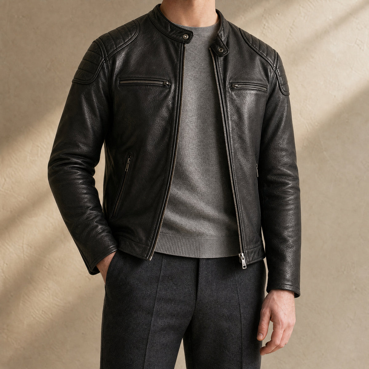 Spur Vintage Leather Biker Jacket in Black