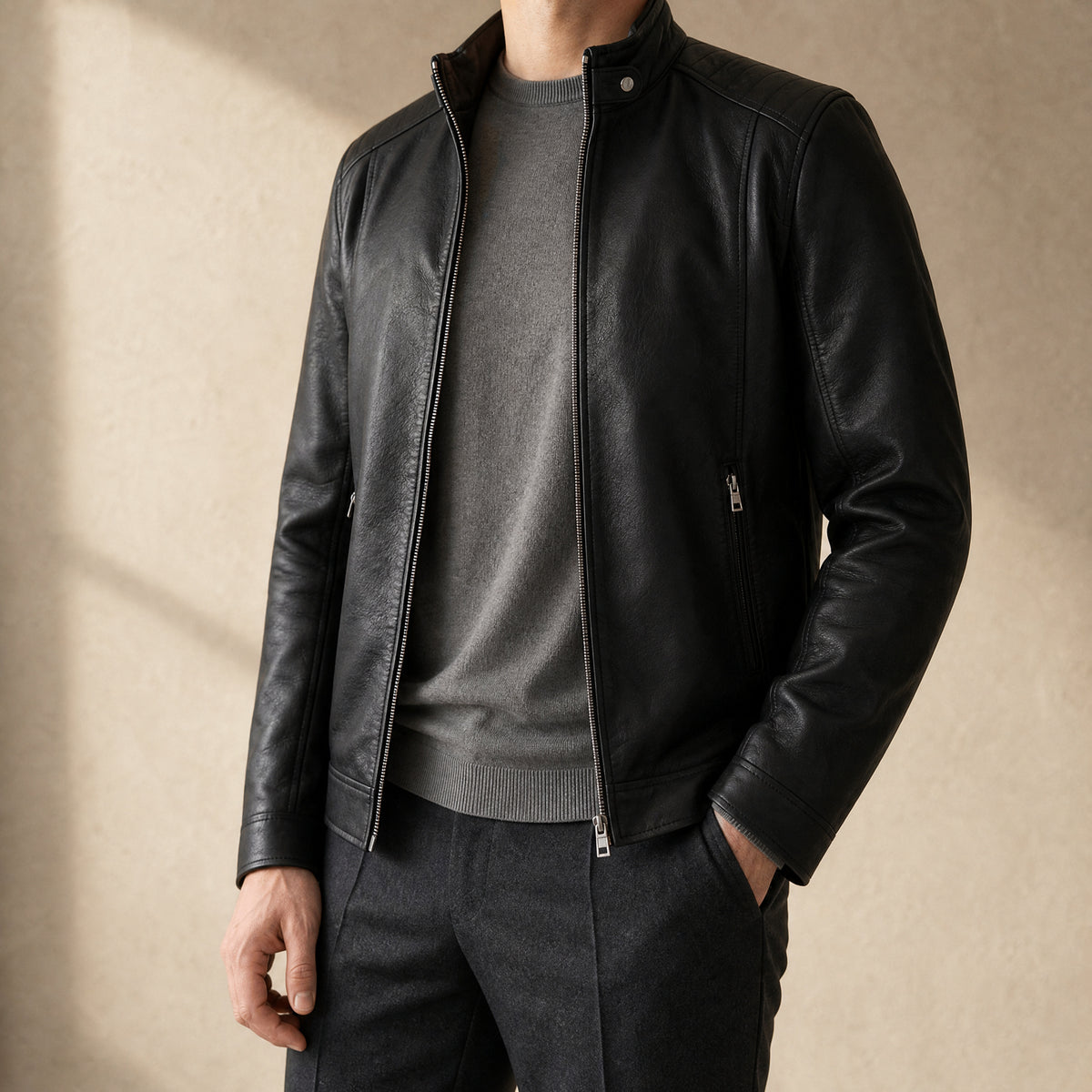 Steppe Leather Racer Jacket in Black