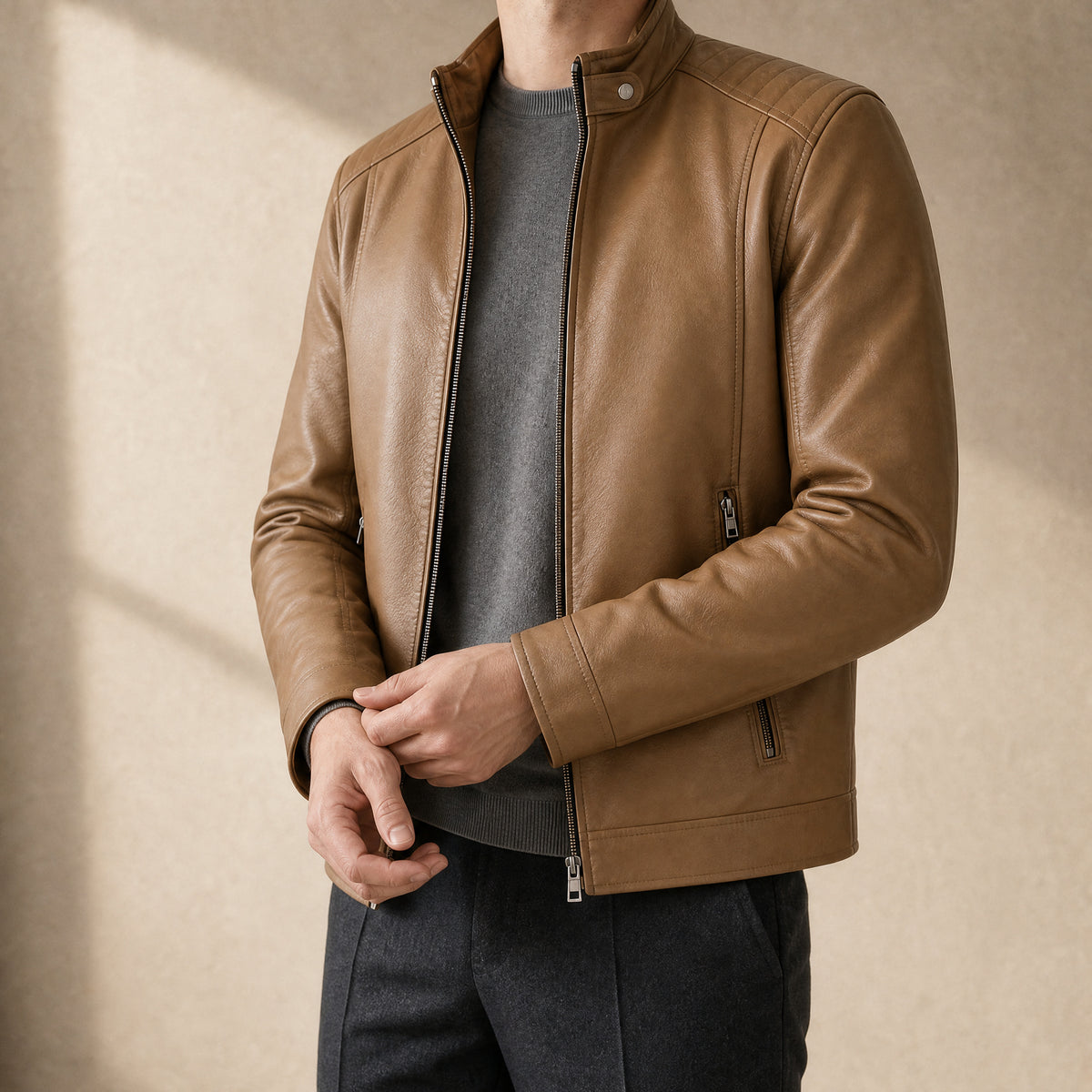 Steppe Leather Racer Jacket in Khaki