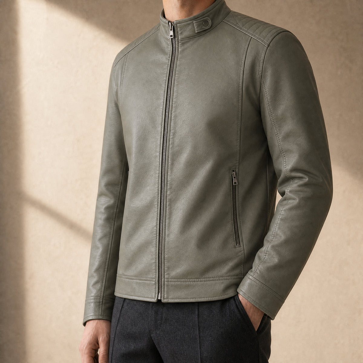 Steppe Leather Racer Jacket in Pea Green
