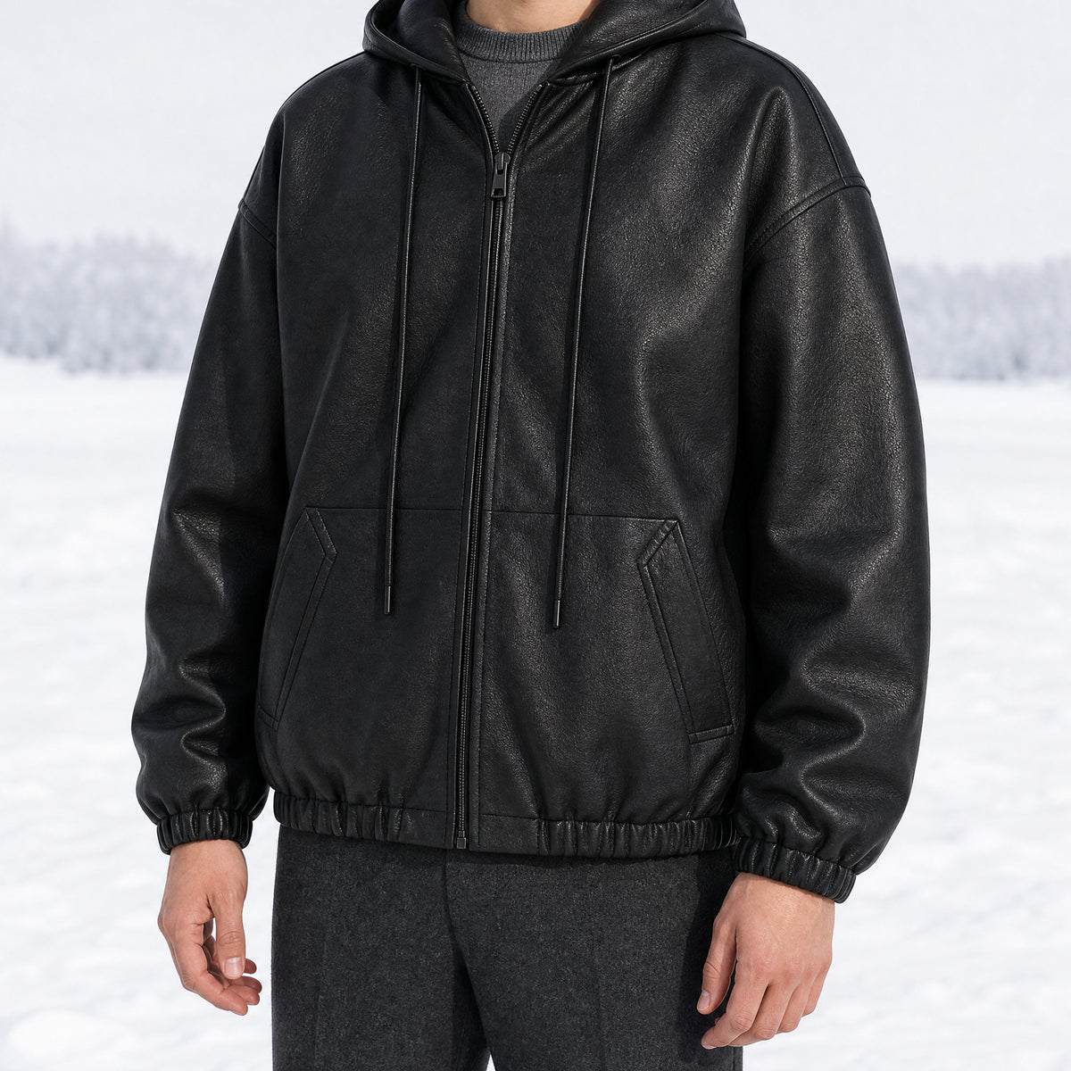 Stonebrook Hooded Leather Bomber Jacket in Black