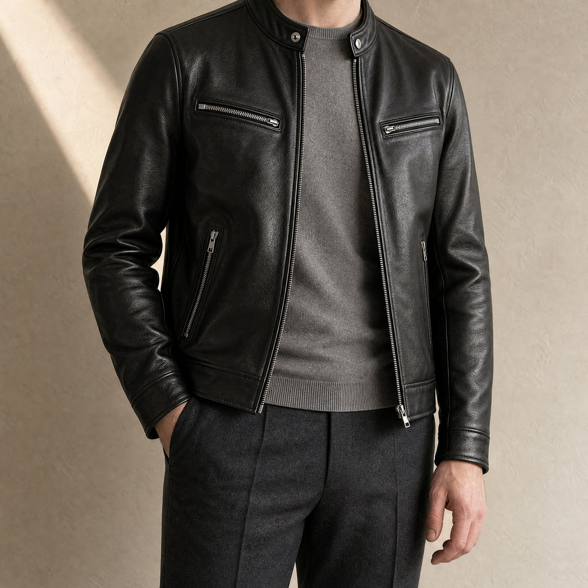 Stratus Faux-Leather Cafe Racer Jacket in Black