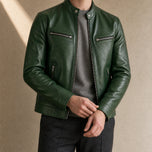 Stratus Faux-Leather Cafe Racer Jacket in Olive Green