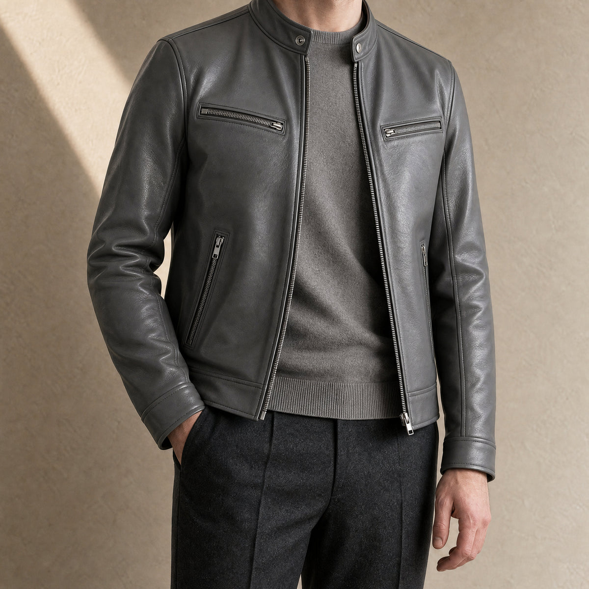 Stratus Faux-Leather Cafe Racer Jacket in Space Gray