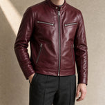Stratus Faux-Leather Cafe Racer Jacket in Wine Red