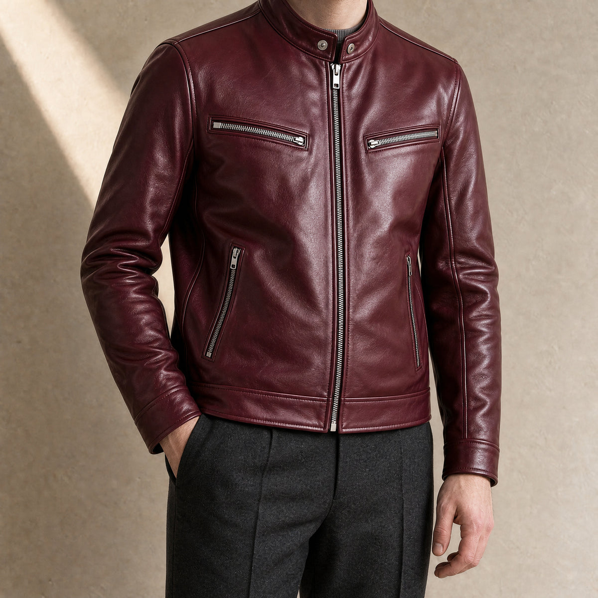 Stratus Faux-Leather Cafe Racer Jacket in Wine Red