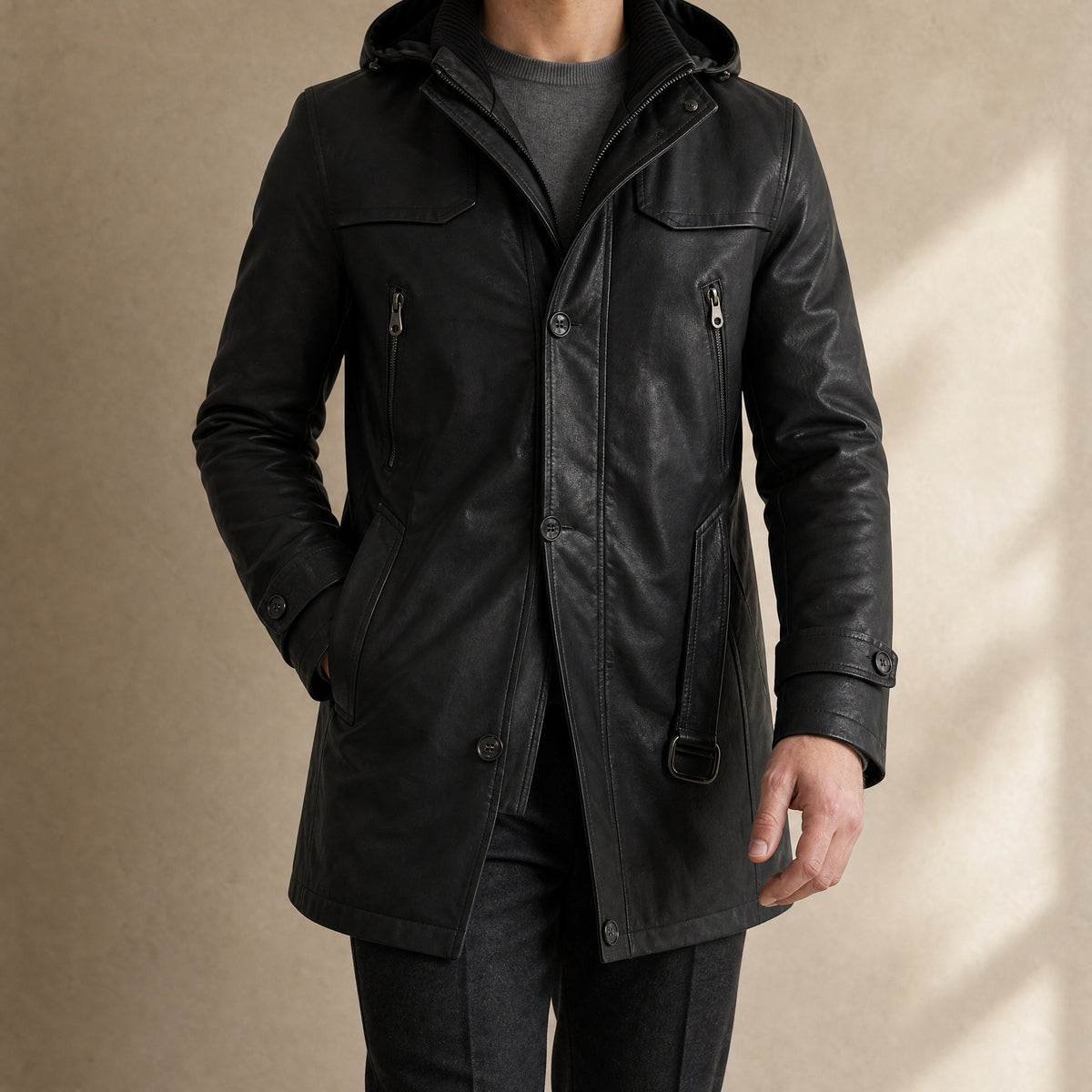 Sundown Leather Car Coat in Black