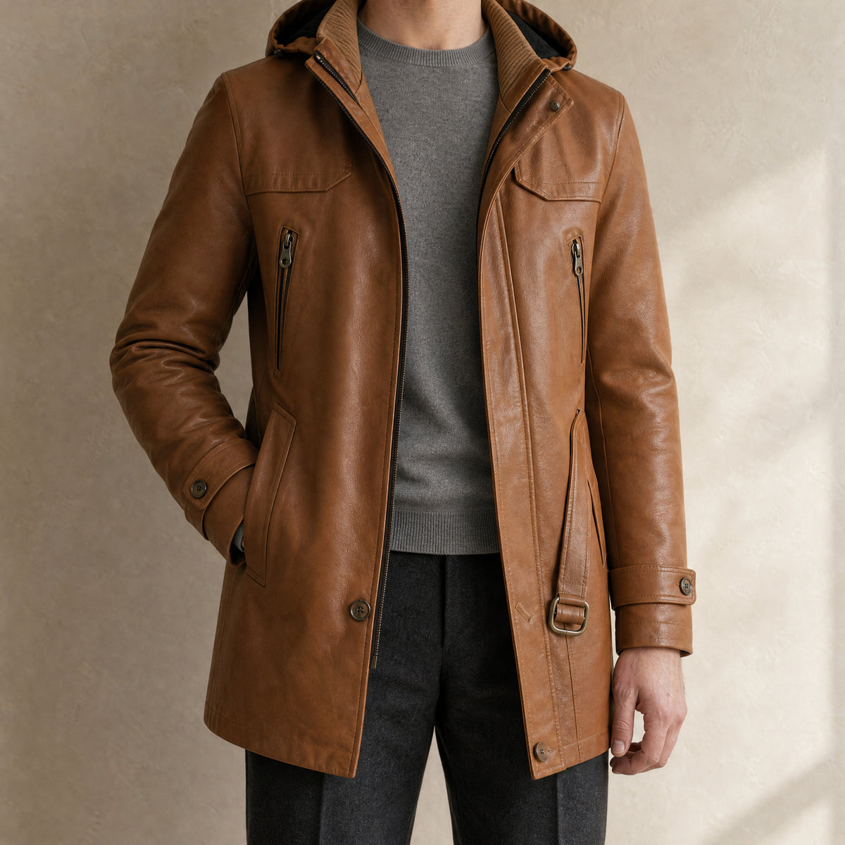 Sundown Leather Car Coat in Khaki