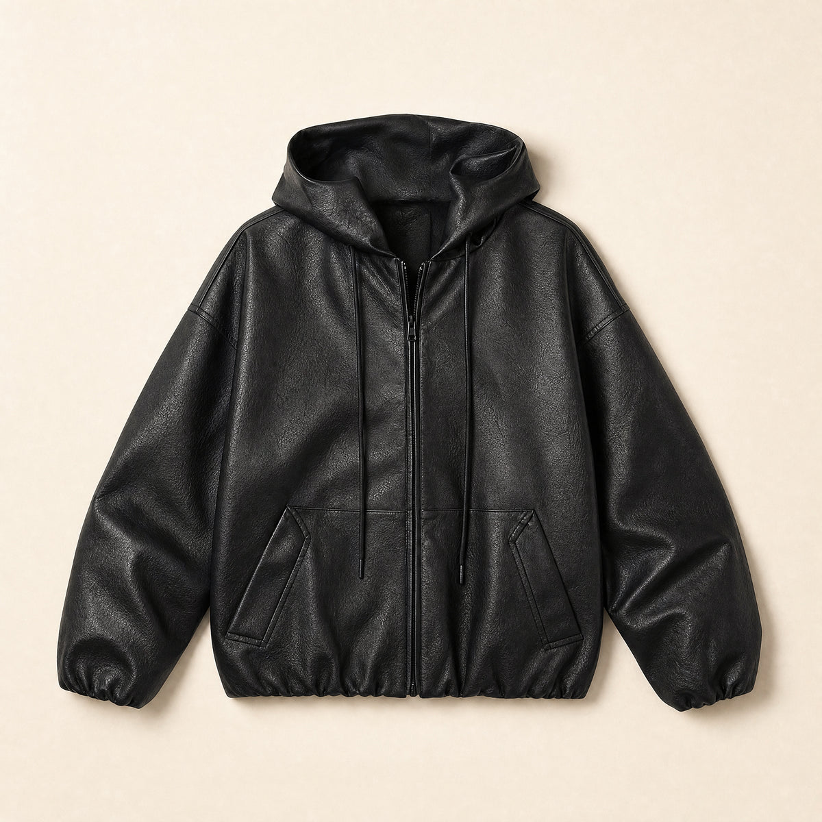 Sunup Hooded Leather Bomber Jacket in Black