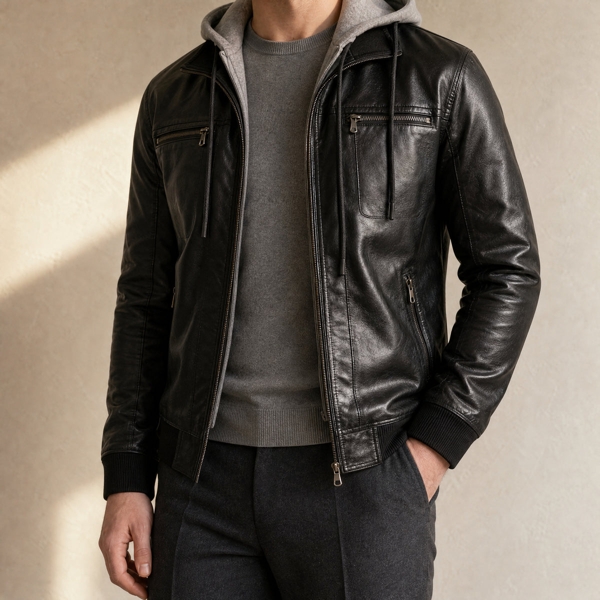 Surge Hooded Leather Jacket in Black
