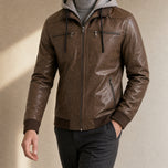 Surge Hooded Leather Jacket in Brown