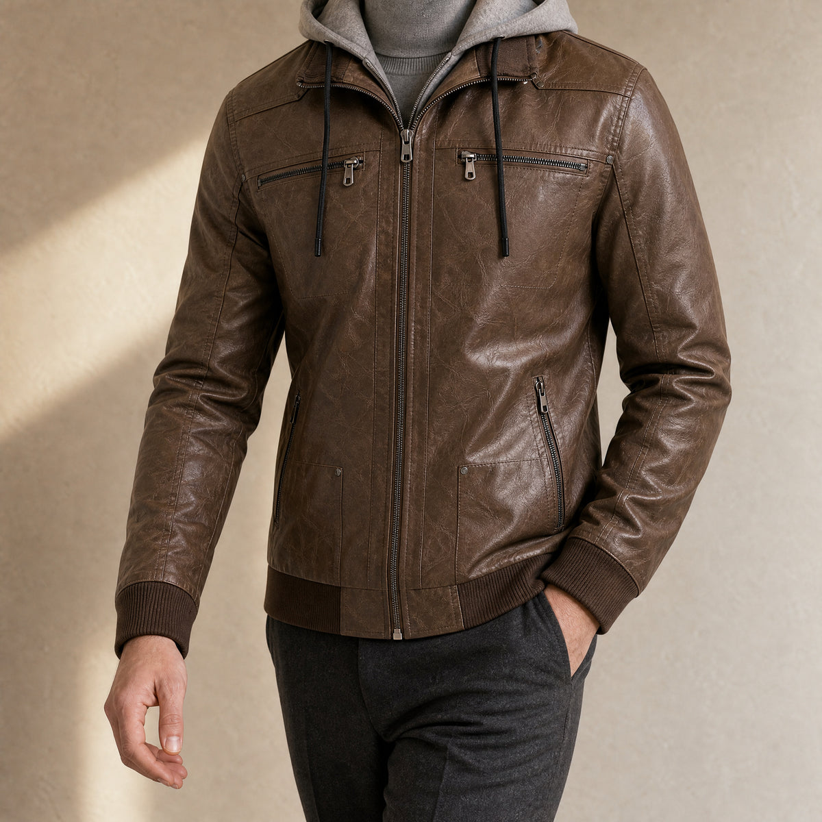 Surge Hooded Leather Jacket in Brown