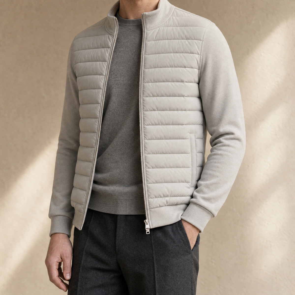 Tansy Stand-Collar Quilted Jacket in Light Gray