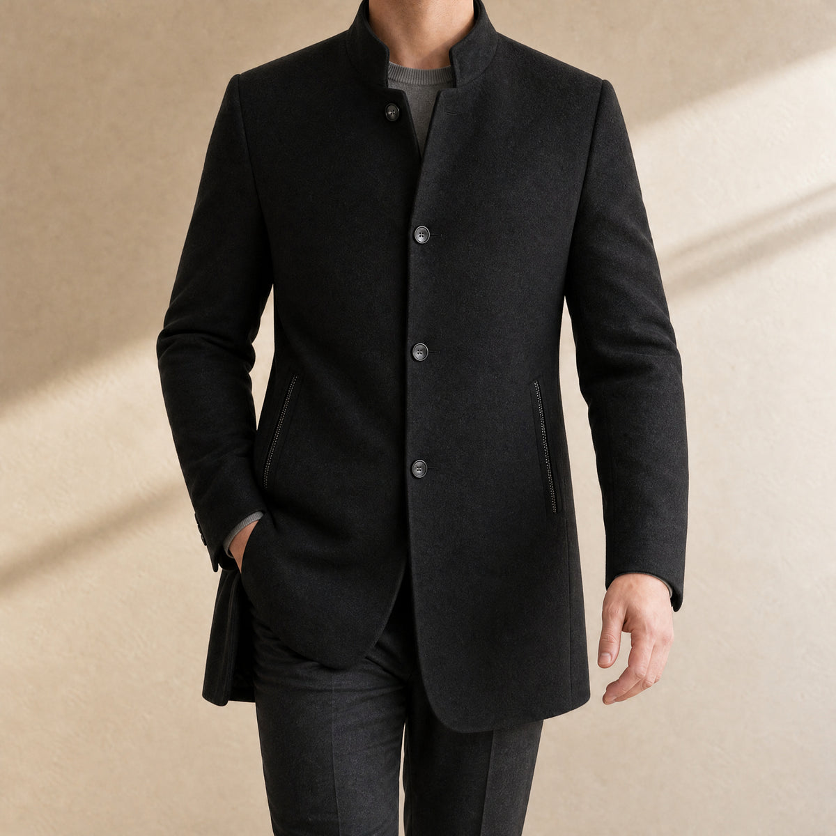 Tarn Stand-Collar Wool-Blend Coat in Black