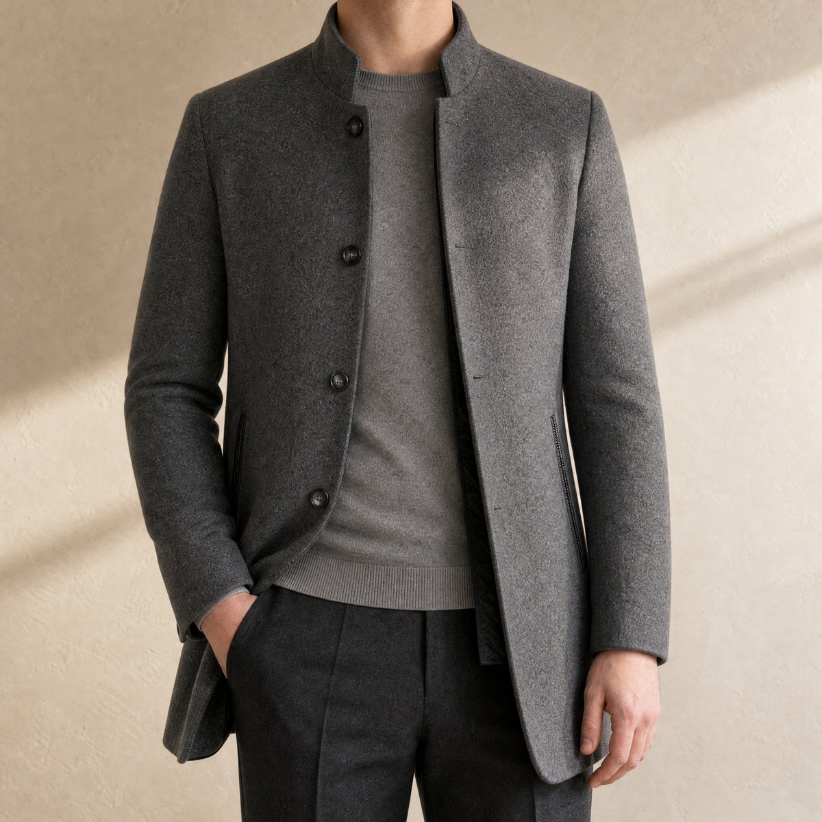 Tarn Stand-Collar Wool-Blend Coat in Dark Gray