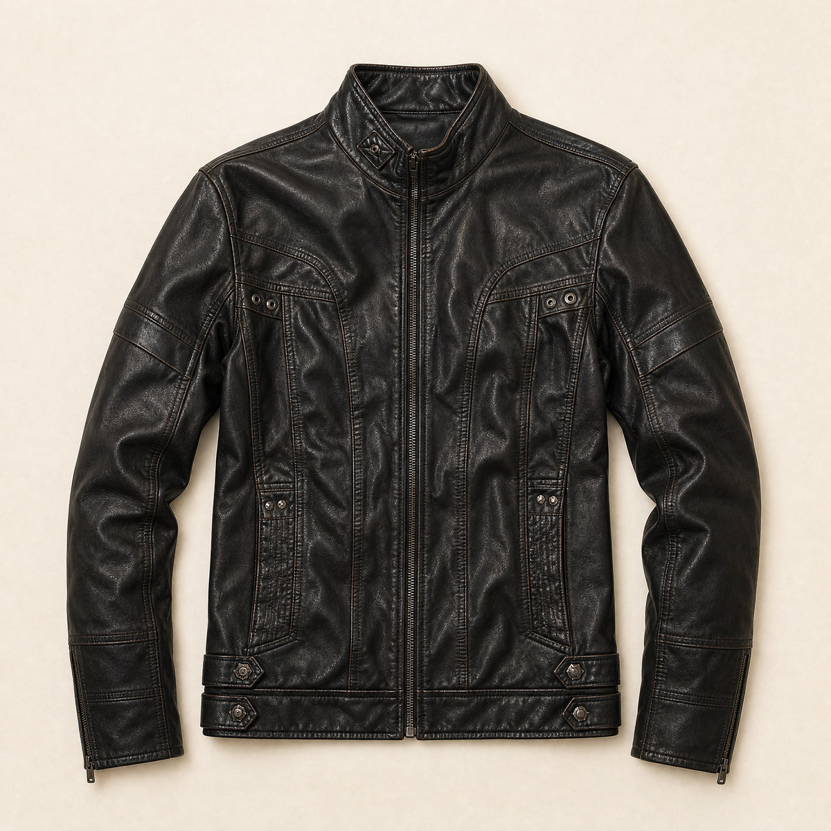 Tempest Faux-Leather Stand-Collar Jacket in Black