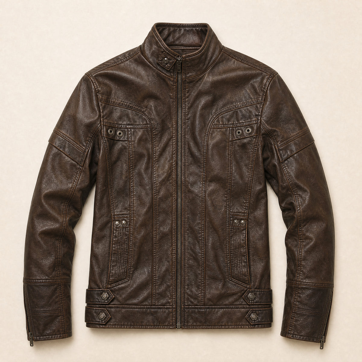 Tempest Faux-Leather Stand-Collar Jacket in Coffee