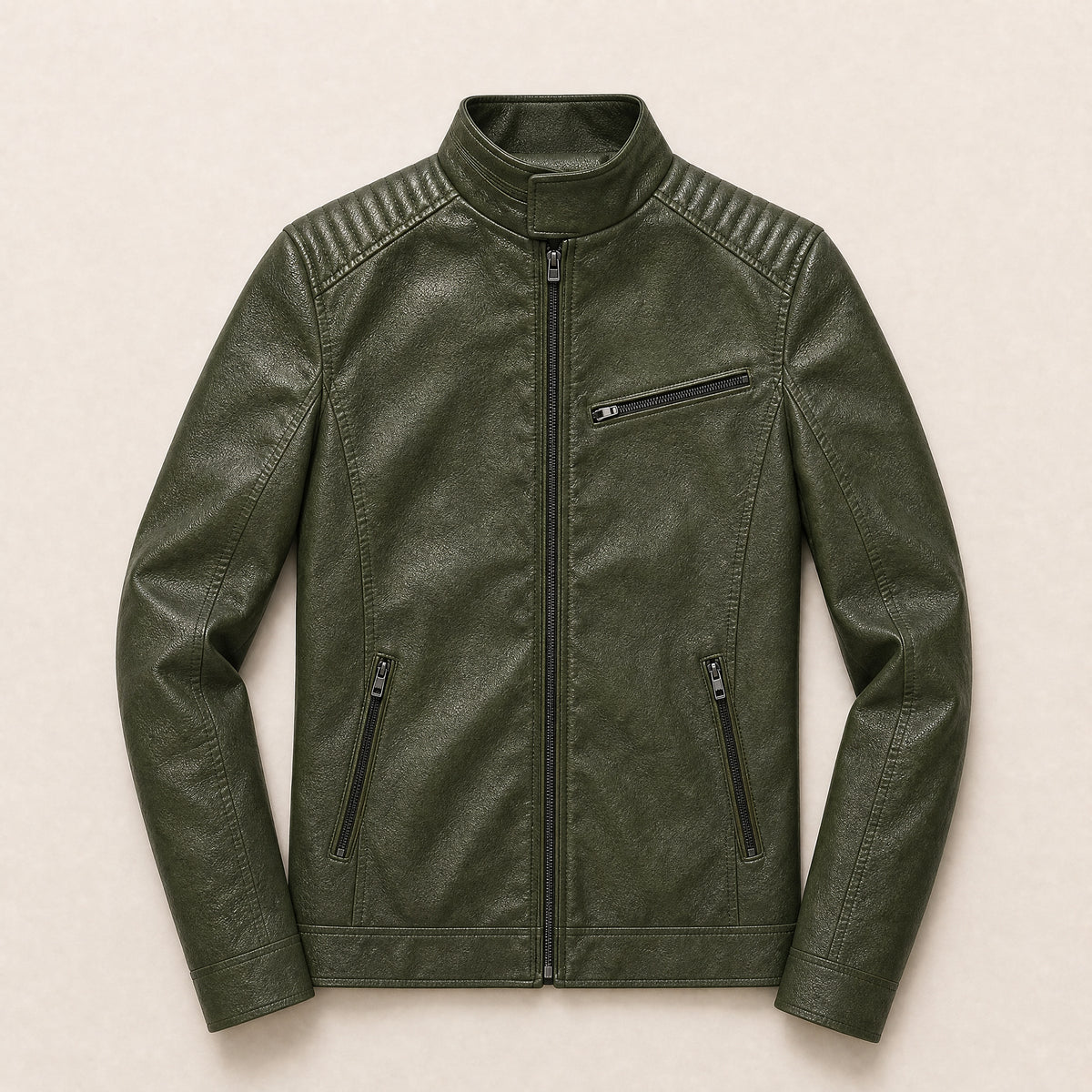 Tor Leather Zip Jacket in Army Green