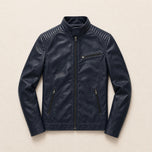 Tor Leather Zip Jacket in Dark Blue