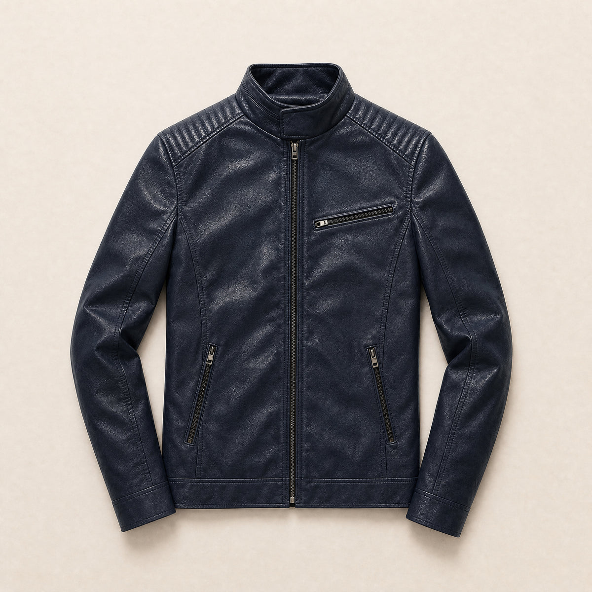 Tor Leather Zip Jacket in Dark Blue