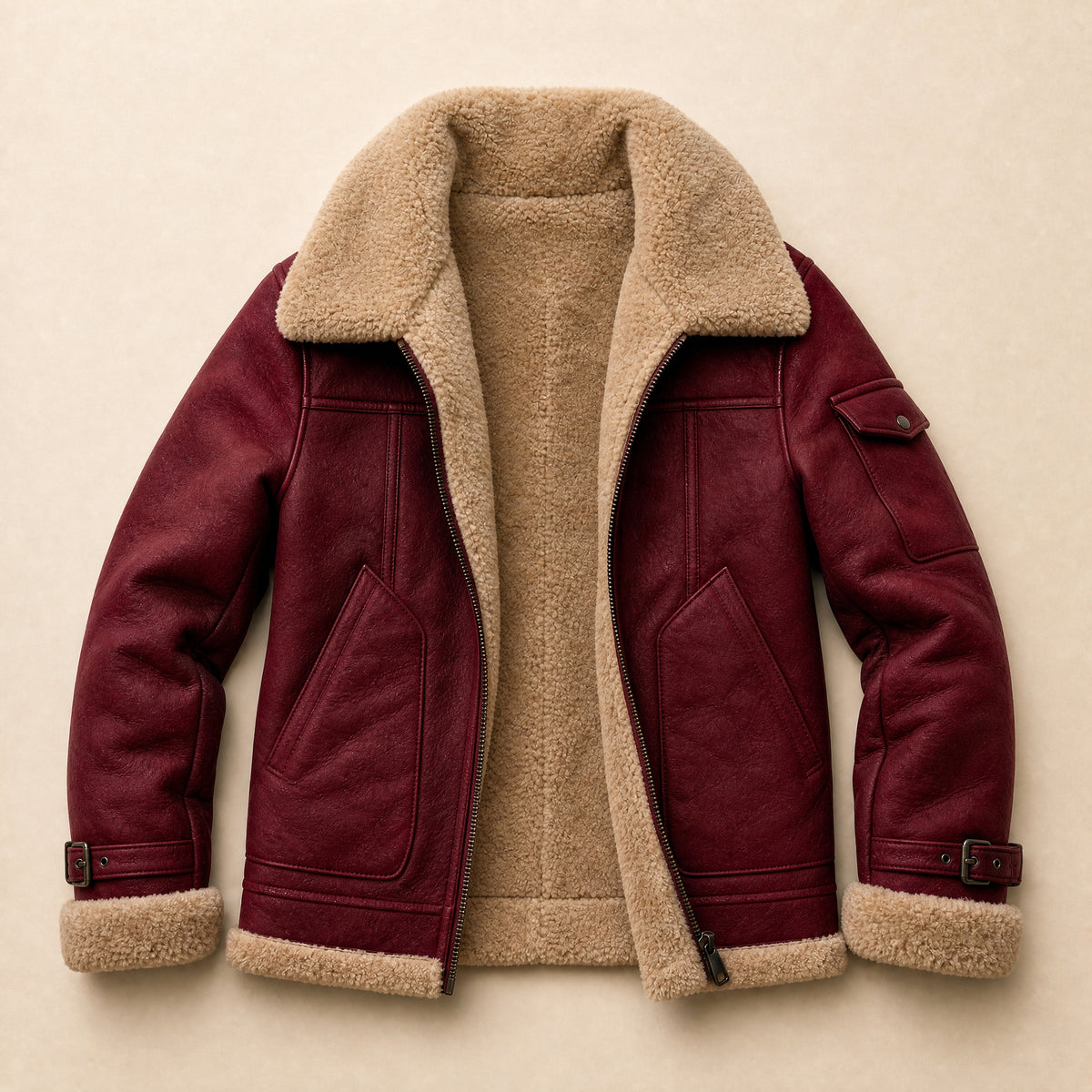 Torrent Shearling Bomber Jacket in Brick Red